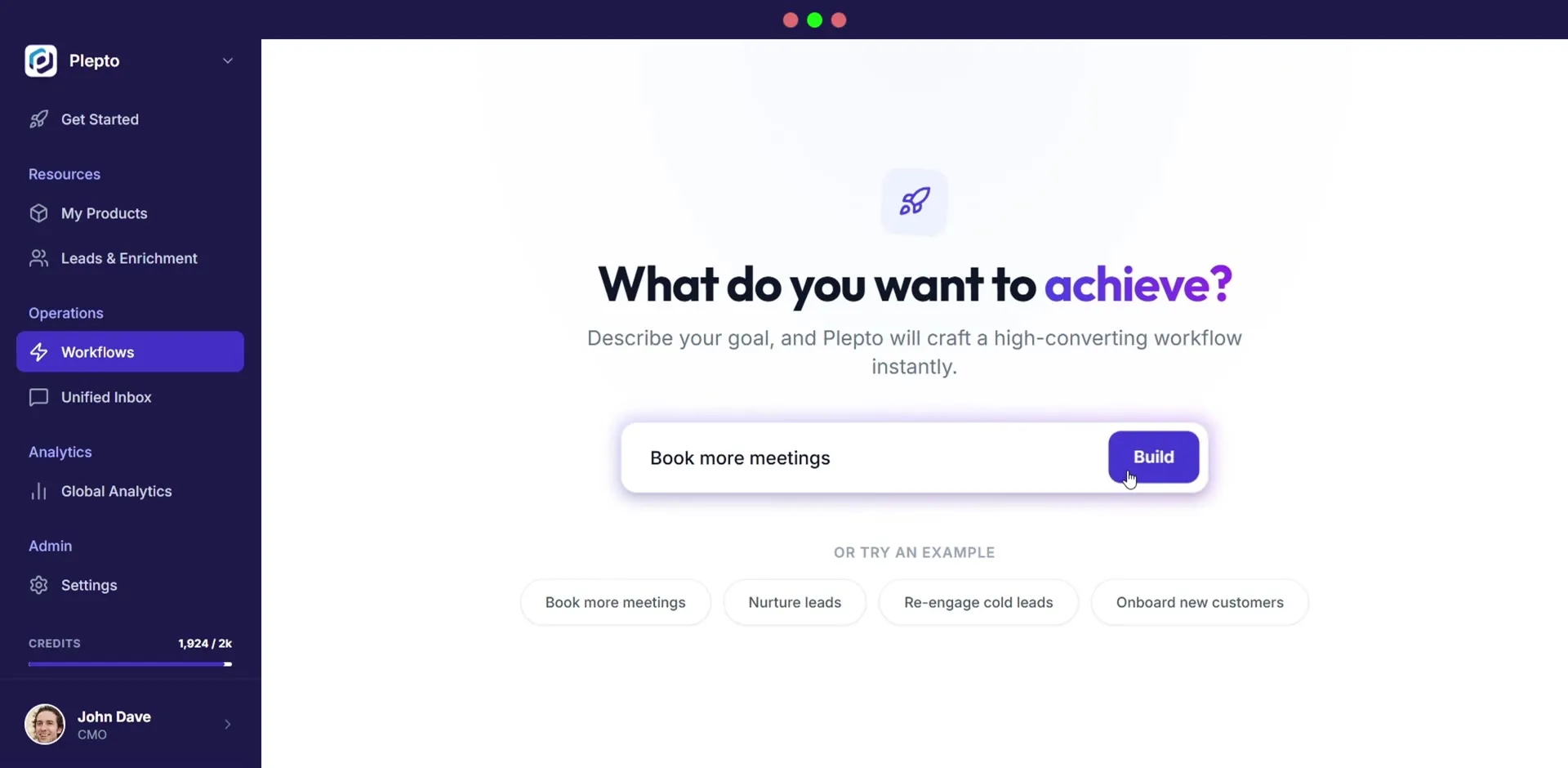 The Plepto app: describe your goal, and Plepto builds the campaign.